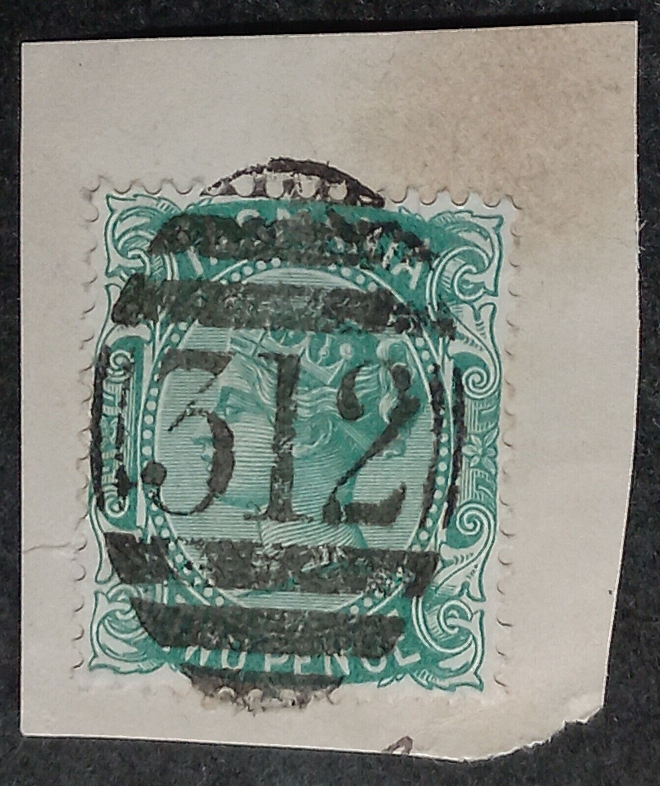 Undated Tasmania Australia 2d green Sideface stamp Numeral CDS 3