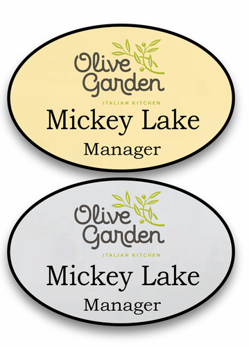 1 GOLD & 1 SILVER OVAL OLIVE GARDEN PERSONALIZED NAME BADGES SAFETY PIN BACK - Picture 1 of 2