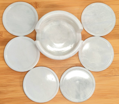 Set of 6 White Carrara Marble Stone Beverage Drink Coasters w/ Matching Base