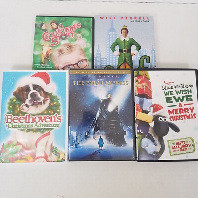 5 DVD Movies A Christmas Story, Elf, Polar Express, Beethoven, Shaun the Sheep