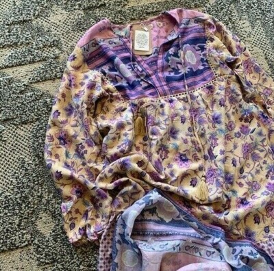 M New Boho Gypsy Floral Maxi HomeSpun Dress Vtg 70s Ins Womens Size MEDIUM