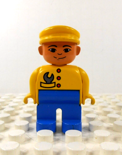 Lego Duplo Figure Asian Man Plumber yellow cap wrench in pocket yellow/blue