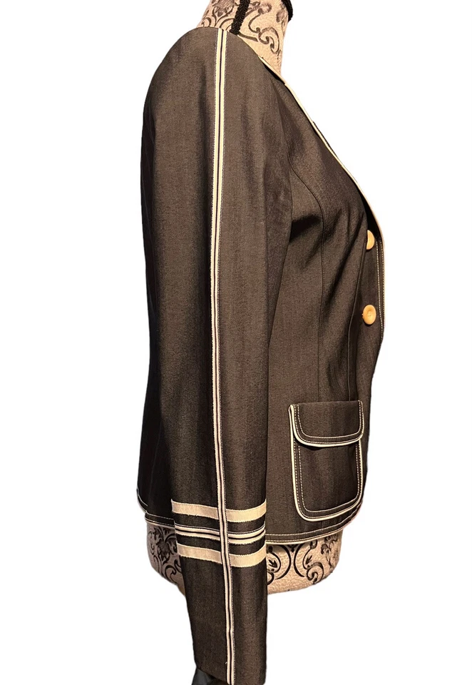 Chaqueta Blazer Worth Mujer Talla 8P Pequeña Mezcla Lana Gris/Blanco Sin Cuello Foto 3 de 4