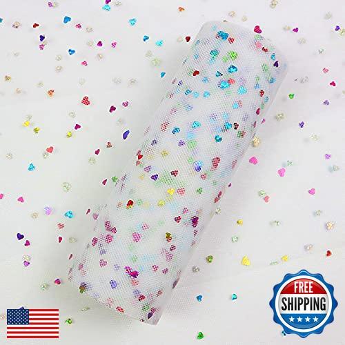Yuanchuan Heart Laser Glitter Tulle Rolls 6 inch x 10 Yards (30 feet)White Co