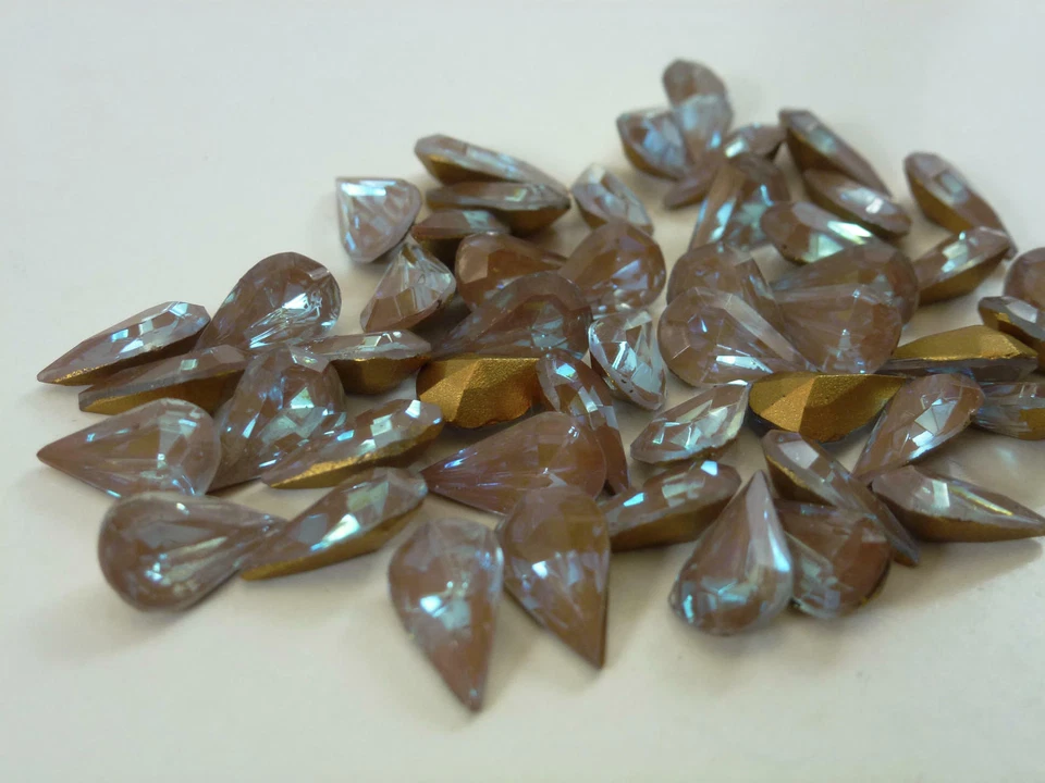 4 Rare Vintage Glass Rhinestones Pear Saphiret Gold TTC Foiled PB 10x6mm E6-3 - Image 4 of 4