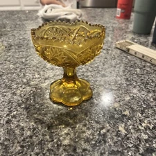 KEMPER WHEATON Amber Glass Saw Tooth Rim Pedestal Compote Candy Dish KW Marked