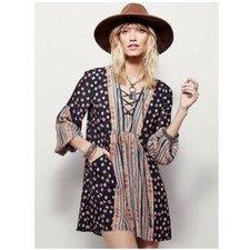 Free People Rain or Shine Pebble Bohemian Lace-Up Tunic Mini Dress Women Size L