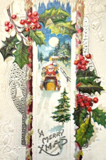 A Merry Xmas Santa Rides Card Delivers Toys Full Moon Holly Silver Trim Postcard