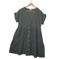 Madewell 100% Cotton Olive Green Dress Short Sleeve Tiered Mini Babydoll small