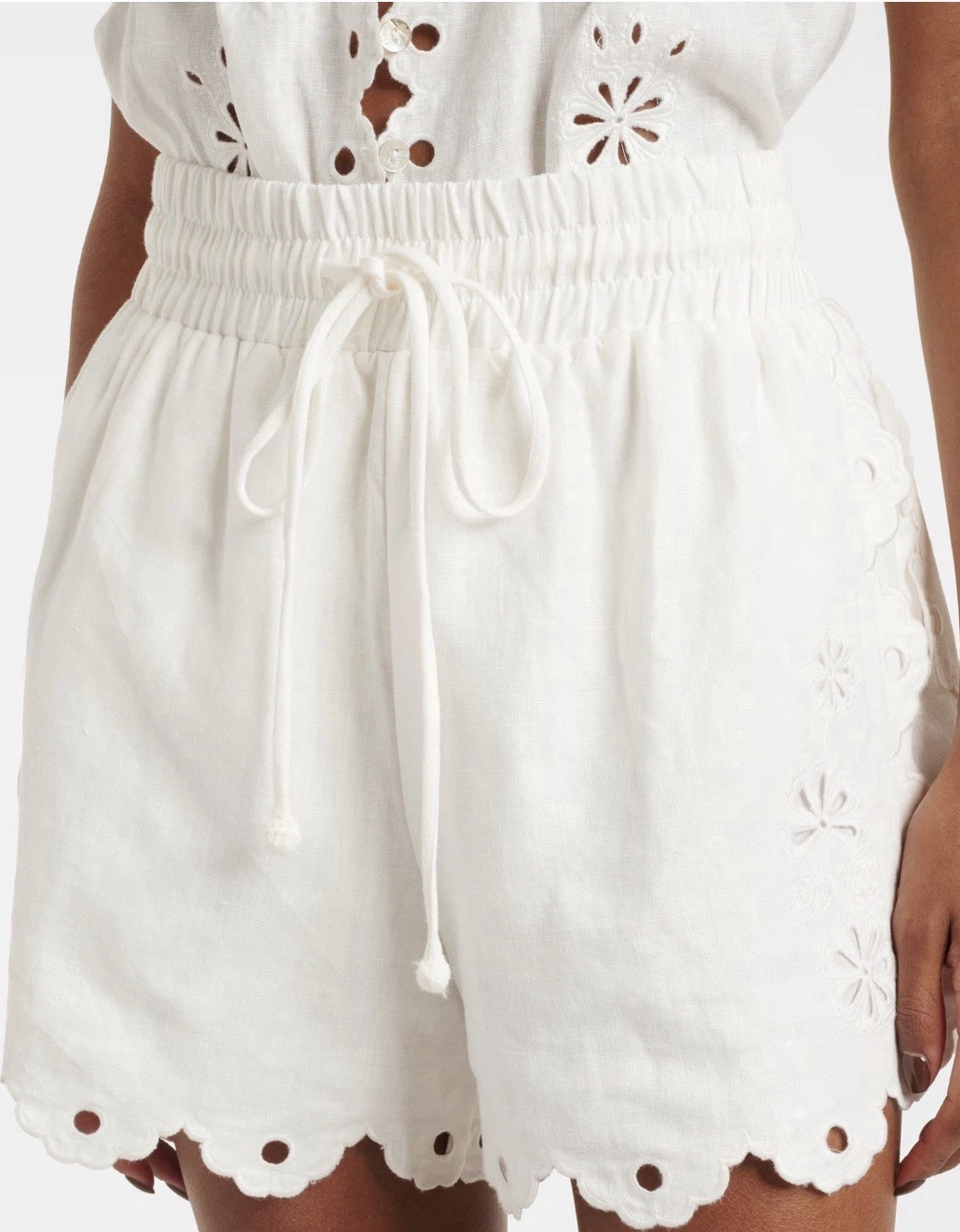 Farm Rio White Linen Resort Beach Shorts XXS Embroidered Scalloped Elastic Waist