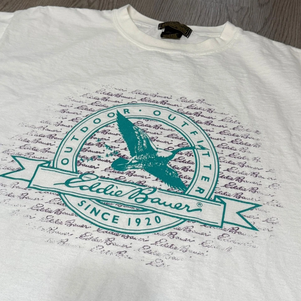 Camiseta Gráfica Exterior Eddie Bauer Vintage Años 90 Grande Blanca Manga Corta Hecha en EE. UU. Foto 2 de 4