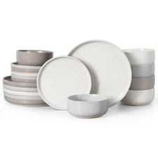 Stoneware Dinnerware Sets, 18-Piece Plates and Bowls Set for 6, Dishes Set fo...