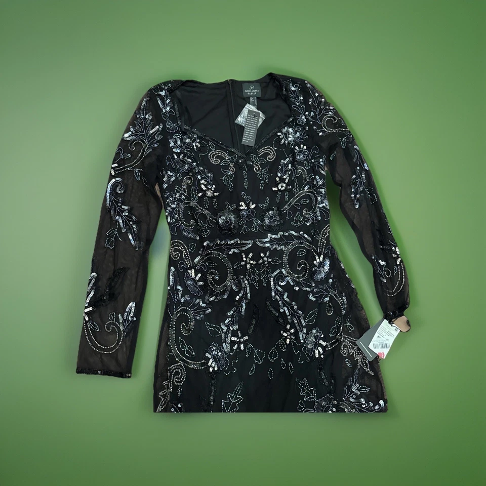 ADRIANNA PAPELL BEADED MIDI DRESS/BLACK MULTI SIZE 2 Long Sleeves Beaded - Image 3 of 4