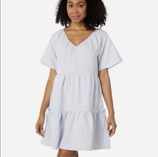 Madewell Linen Lorelei Mini Dress XS Powder Blue Tiered Prairie Peasant Pockets