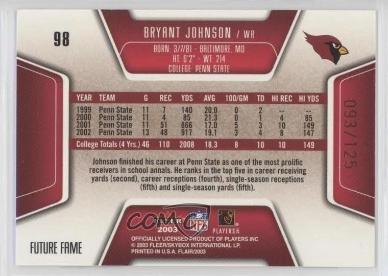 2003 Flair Future Fame Collection /125 Bryant Johnson #98 Rookie RC - Image 2 of 2