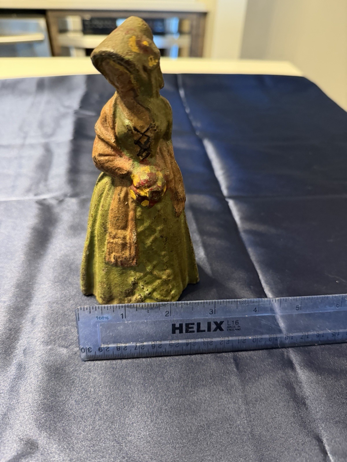 Antique Cast Iron  HEAVY DOOR STOP VICTORIAN LADY IN DRESS AND HAT  Painted Cast