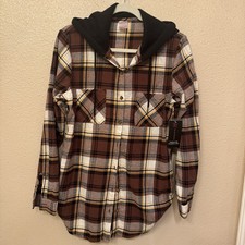 Hooded Plaid Flannel Shirt - Brown/White NWT No Boundaries Sz L 11-13 Women s