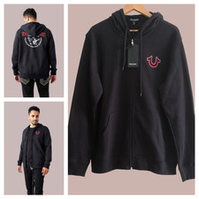 True Religion Men's Flocked Buddha Full Zip Hoodie Black Logo Sz L NWT 119