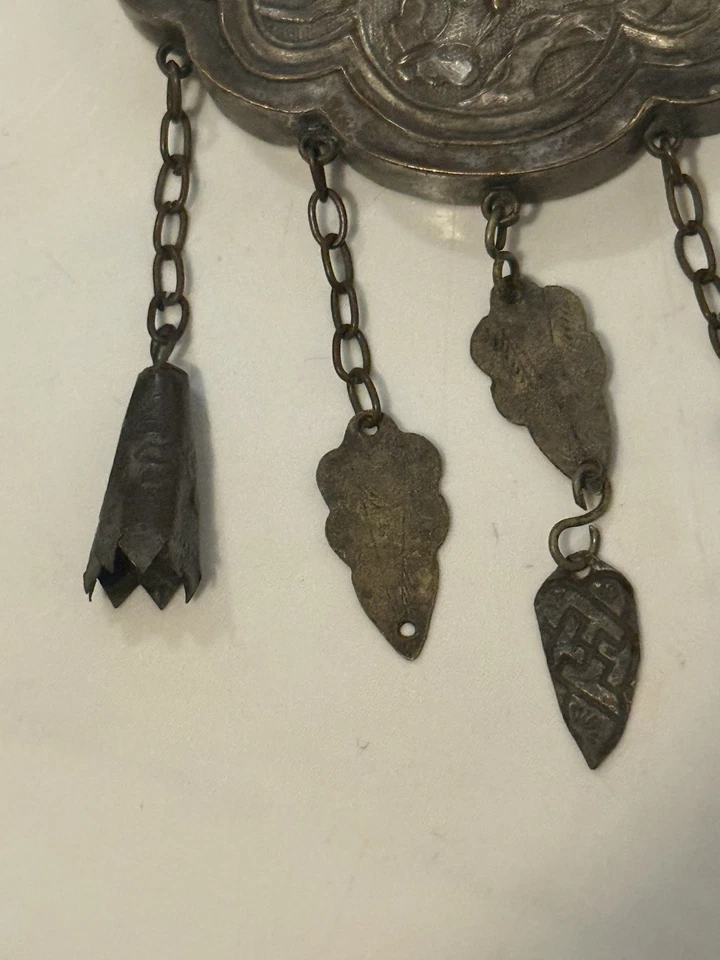 Antique Chinese Silver Longevity Lock Necklace Amulet with Hanging Charms - Image 3 of 4