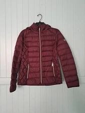 Michael Kors Women's Packable Down Fill Puffer Jacket Sz S Burgundy Hooded Zip