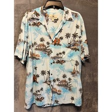 Island Shores Hawaiian Shirt Mens L Blue Tropical Palm Rayon Aloha Resort