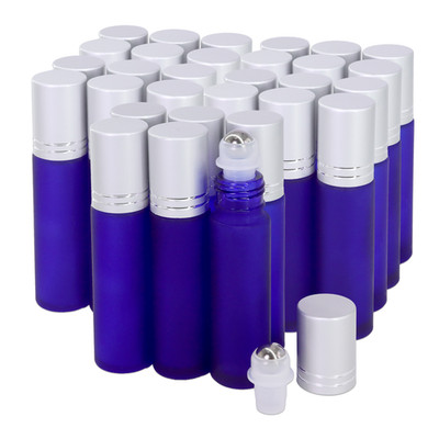 30pcs 10ML Frosted Blue Glass Roller Bottles with Steel Ball and Silver Cap
