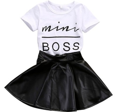 Kids Baby Girls Mini Boss Letters Short Sleeve Tops +Leather Skirt (3T, White)