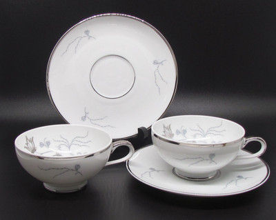 Eschenbach Bavaria Baronet China SILVER ARBOR Teacup Saucer Set / 2 OUTSIDE BAND