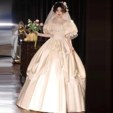 Classic Satin Wedding Dresses Customized Ruffles Puff Sleeves Lace Bridal Gowns