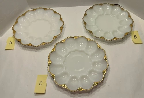 Vintage Anchor Hocking? Milk Glass Deviled Egg Plate Gold Border Scalloped Edge