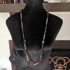 36" Lampworked Glass Wooden Metal & Round Glass Bead Over the Head Necklace
