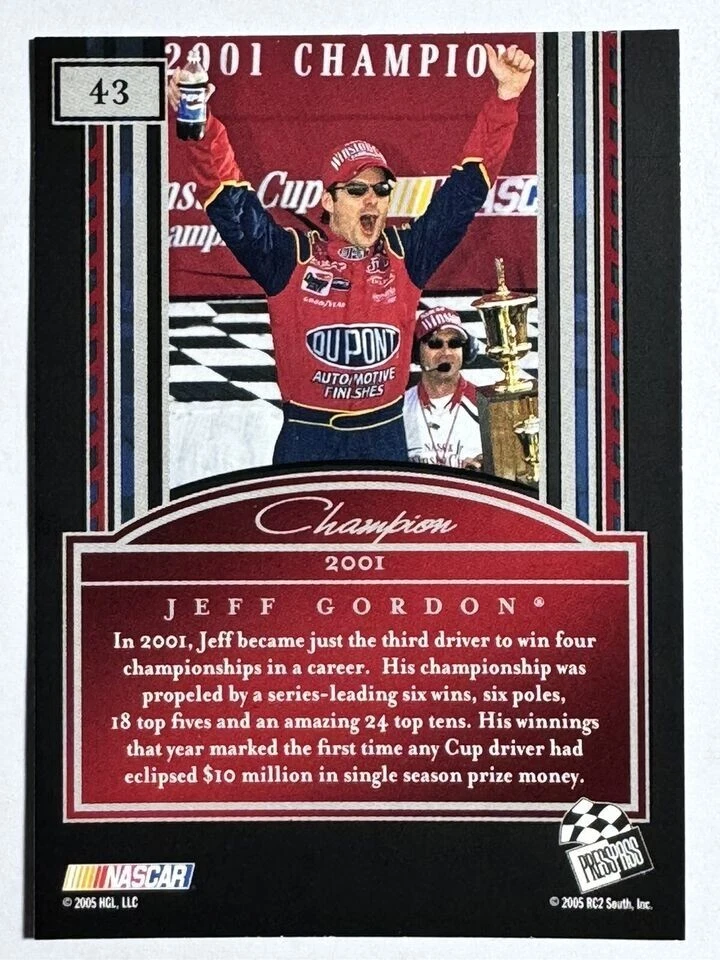 HOF'er JEFF GORDON 2005 Press Pass Legends 2001 CHAMPION NASCAR Racing Card #43 - Image 2 of 2