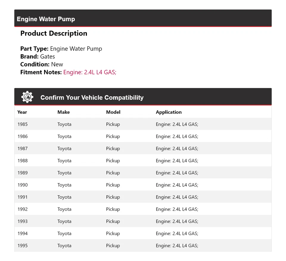 Para 1985-1995 Toyota Pickup 2.4L L4 motor a gás bomba de água portões 1986 1987 1988 - Imagem 2 de 4