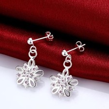 Womens Sterling Silver CZ Crystal Hollow Flower Drop Dangle Stud Earrings GE01