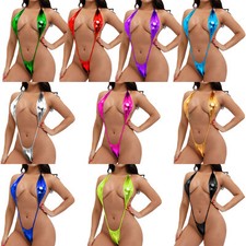 UK Women Shiny Slings Shot Micro Bikini Halter Teddy One-Piece Monokini Swimsuit