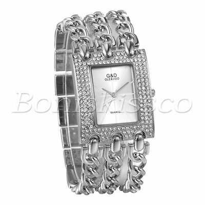 Womens Luxury Rhinestone Square Dial Stainless Steel Quartz Wrist Watch Bracelet