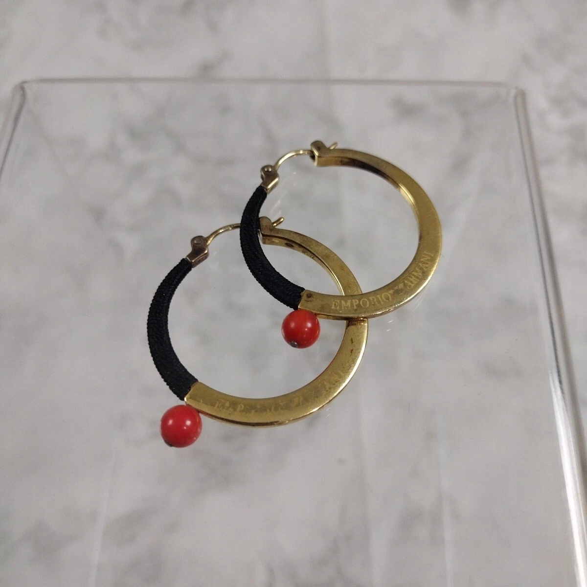 Beautiful Vintage Gold Plated Emporio Armani Coral Black Thread Hoop Earrings