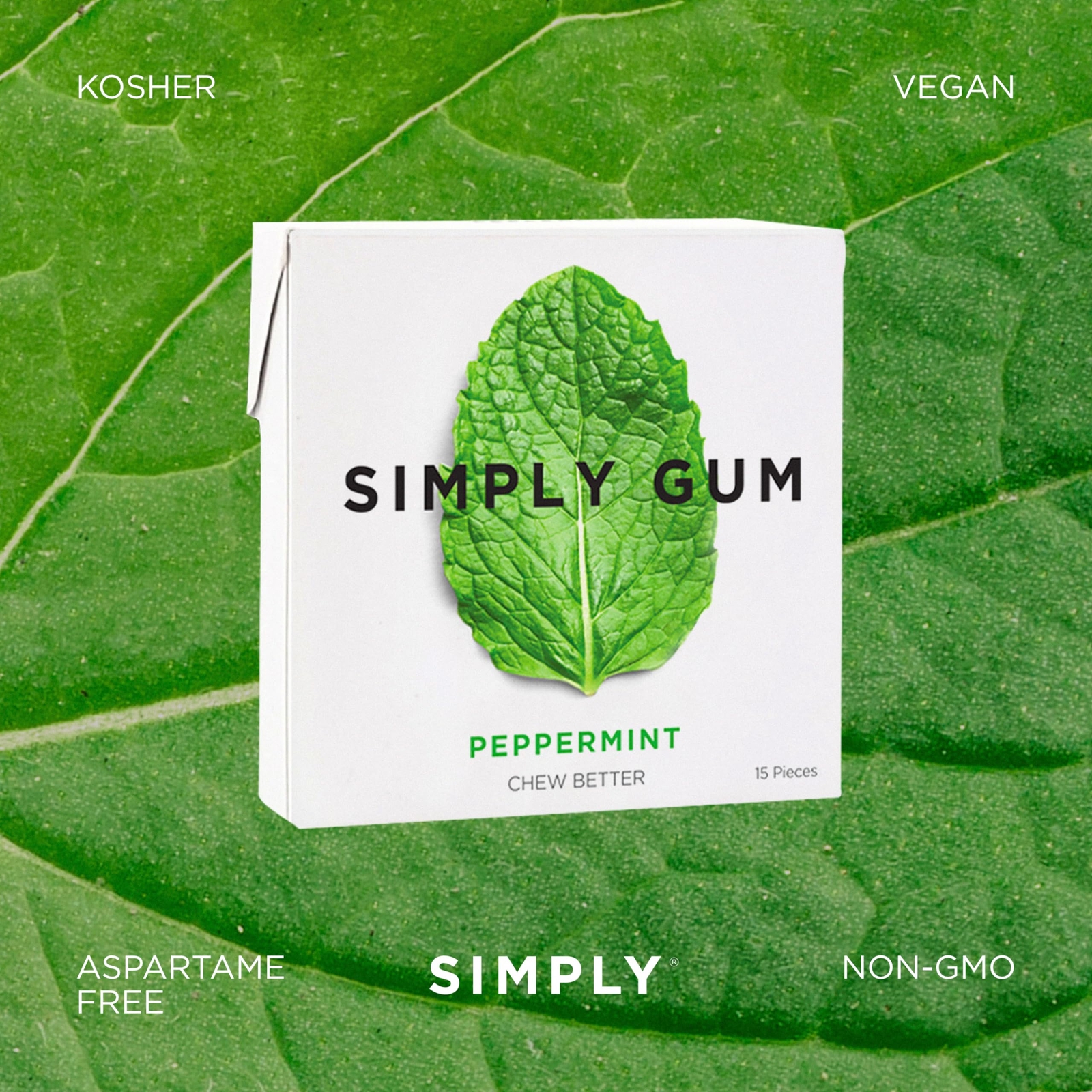 | Peppermint | Plant- Based Chewing Gum | Pack of Six (90 Pieces Total) | Syn...