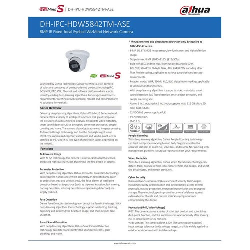 Dahua 8MP Deep Learning WizMind IP Camera IR50m PoE SMD3.0 IPC-HDW5842TM-ASE-S3 - Picture 12 of 12