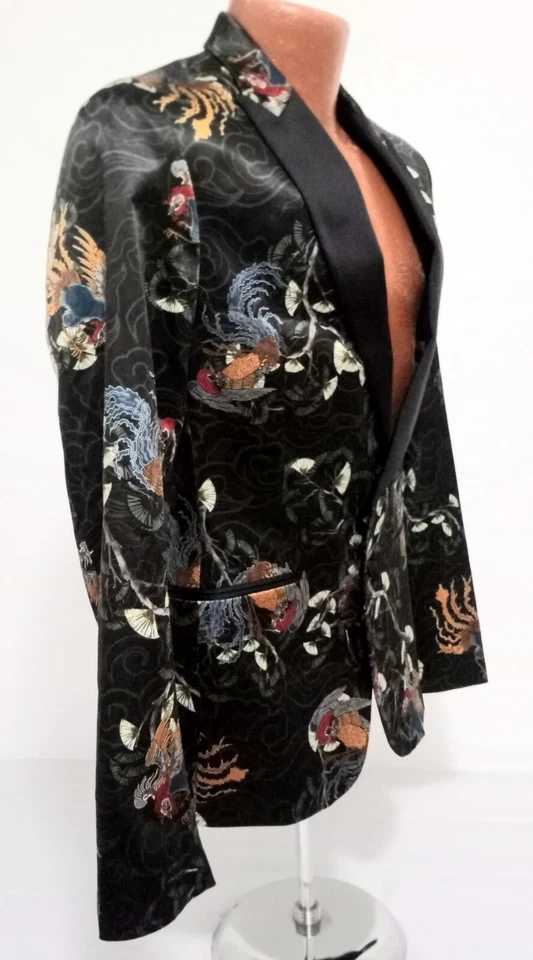 ZARA MEN'S TAILORED FIT PHOENIX BIRD BLACK SATIN BLAZER JACKET SUIT SIZE SMALL - Image 2 of 4