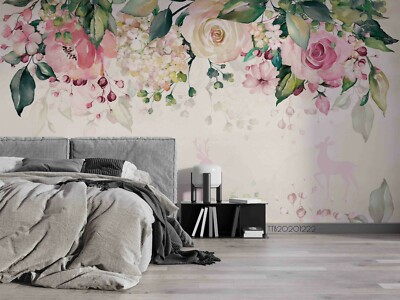 3D Hand Drawn Pink Floral Elk Wallpaper Wall Murals Removable Wallpaper 517