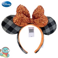 Disney Anniversary Minnie Ears Orange Spangle Square Parks Plaid Rare Headband