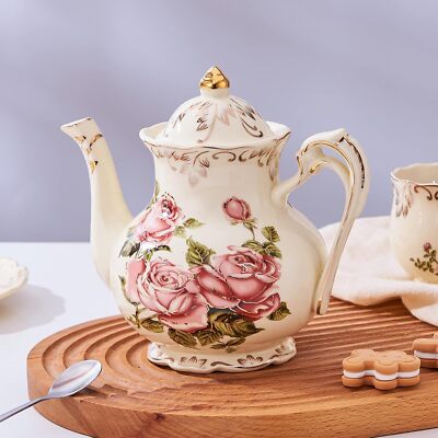 YOLIFE Pink Rose Ceramic Tea Pot, Ivory Vintage Floral Small 3