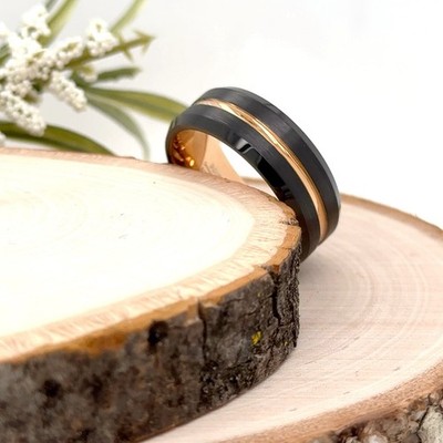 8mm Black Tungsten Carbide Ring Rose Gold Groove Polish Band For Christmas Gifts