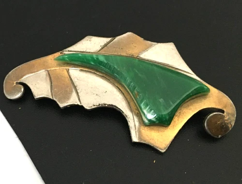 Vtg ANTIQUE  Brooch Pin Green Bakelite Modernist Gold tone Jewelry lot x