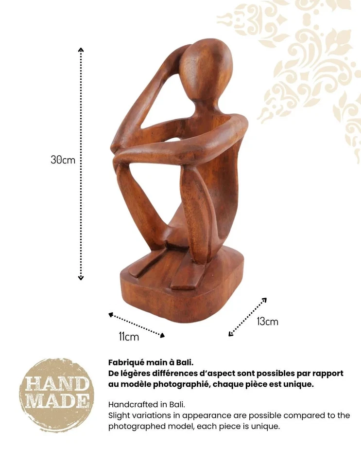 Porte-bouteille << Penseur >> 30cm en bois sculpté - Photo 3/4