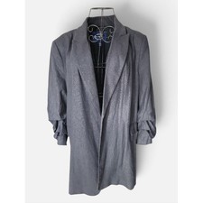 Scoop Women Gray Linen Blend Ruched Sleeve Open Front Blazer XL Shoulder Pads