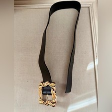 Zara black leather like belt with large square ornate gold tone buckle NWOT - S