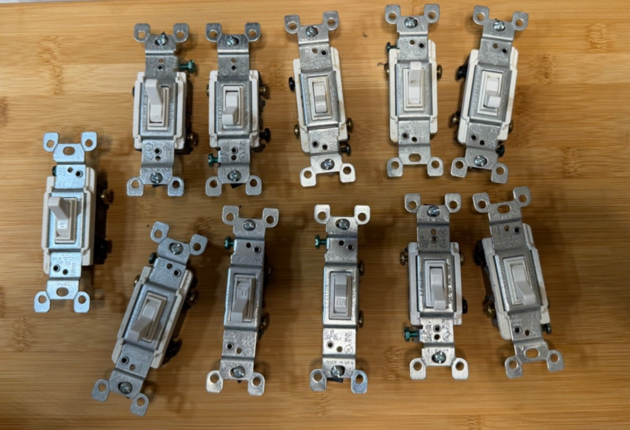 Lot of 11 Single Pole Light Switches + 7 Toggle Wall Plates White Ivory/Cream