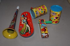 5 Vintage Tin New Years Eve Noise Makers 1 Handle missing - SEE PHOTOS